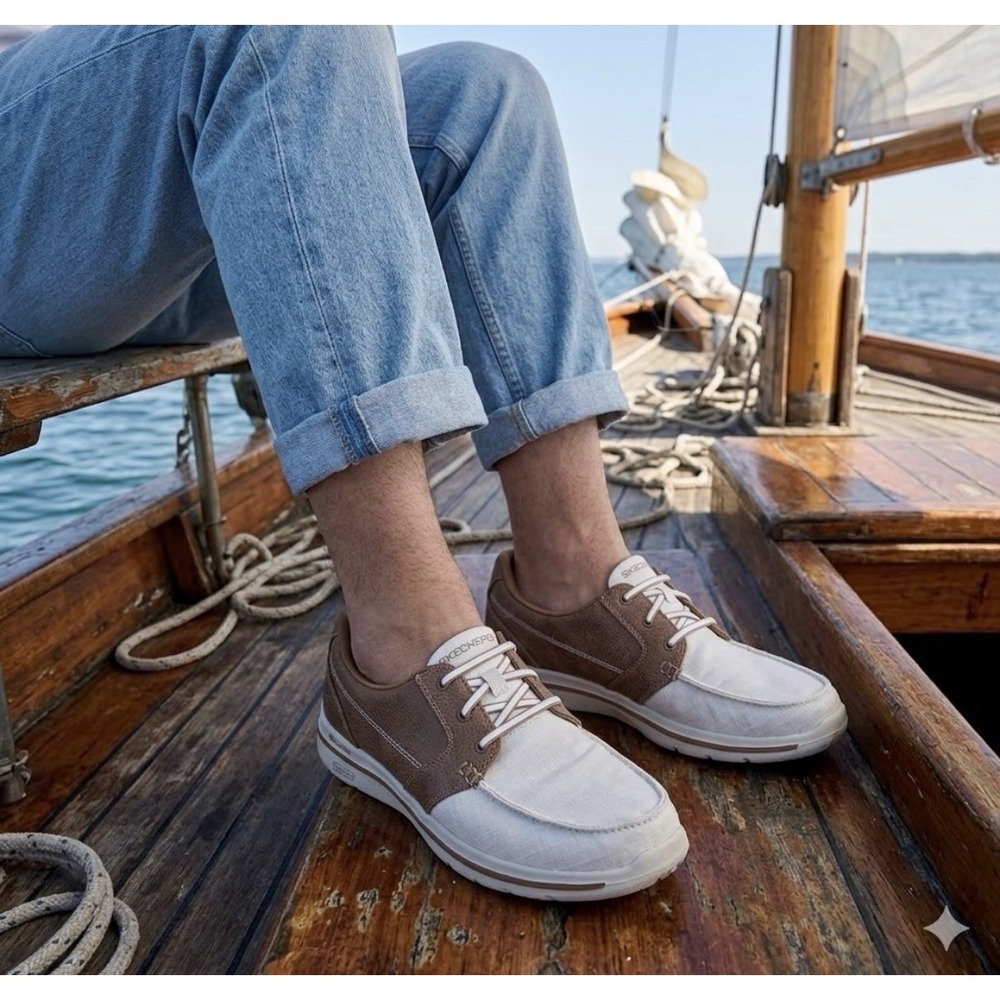SKECHERS Goodyear Plush Comfort Athletic Sneakers,‎ Lace-Up Low Top Brown White